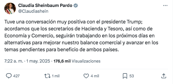 Sheinbaum destaca buena conversación con Trump y voluntad de fortalecer acuerdos comerciales