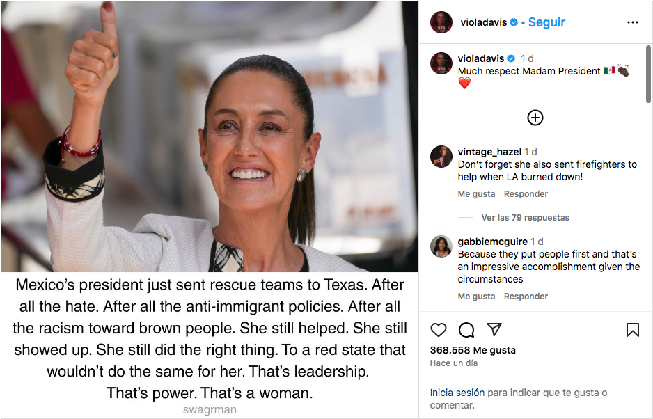 Viola Davis, actriz de EUA, reconoce apoyo de la Presidenta de México Claudia Sheinbaum ante inundaciones en Texas