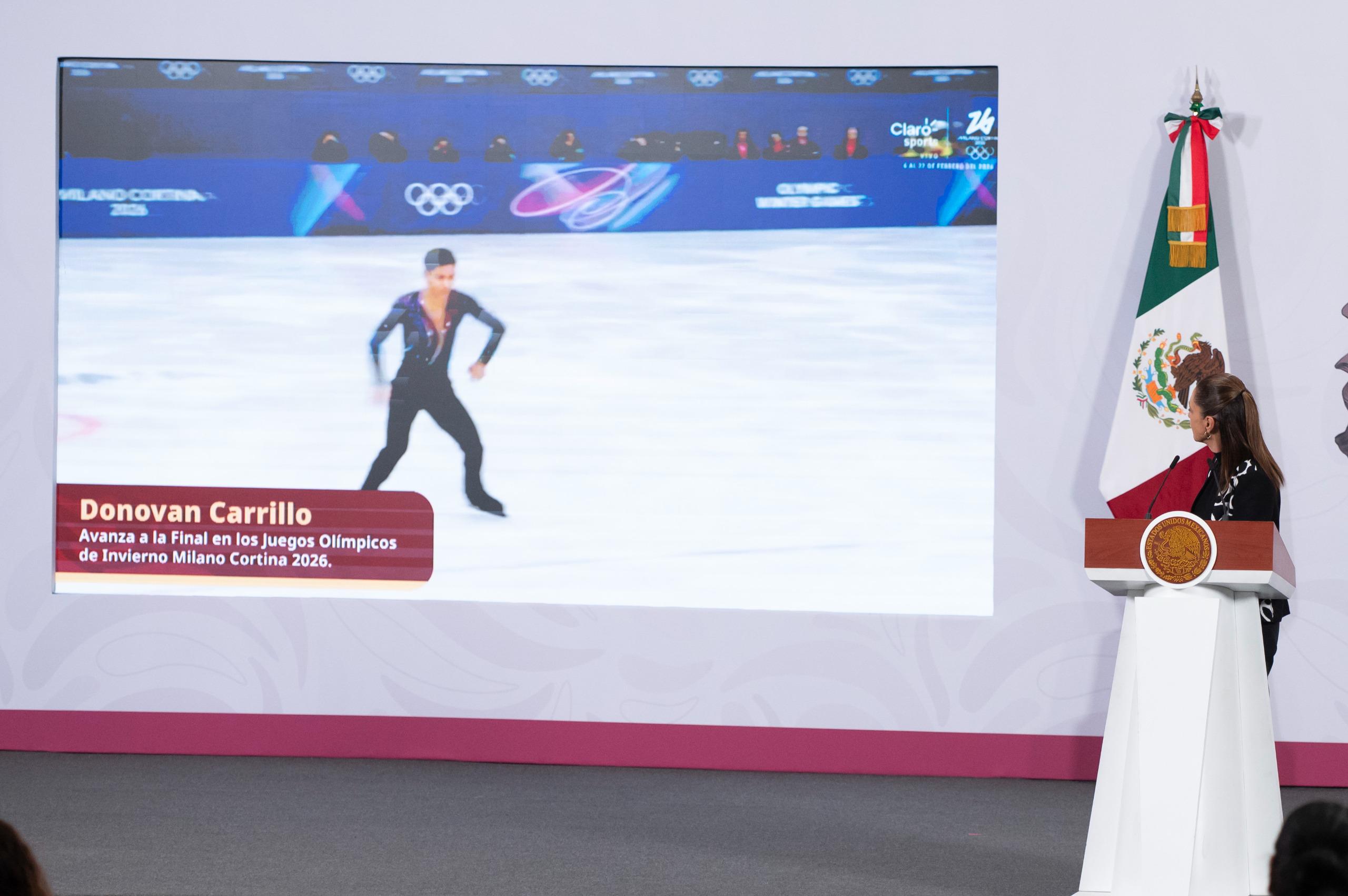 Presidenta Claudia Sheinbaum felicita a Donovan Carrillo por su pase a la final en los Juegos Olímpicos de Invierno