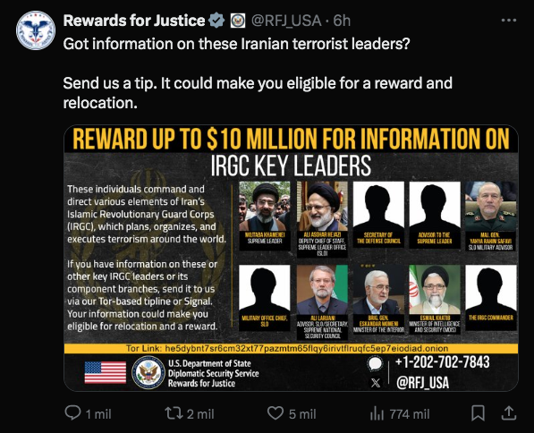 Gobierno de EU anuncia recompensa por información de líderes Iraníes