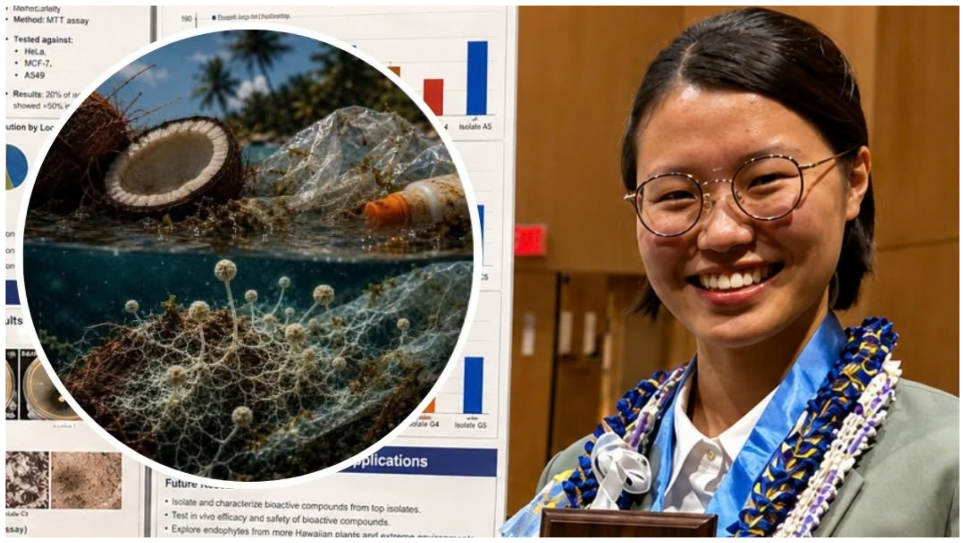 Una estudiante de 15 años crea un filtro oceánico con fibra de coco para atrapar microplásticos y descubre que los hongos de esa cáscara pueden descomponer plástico y protector solar